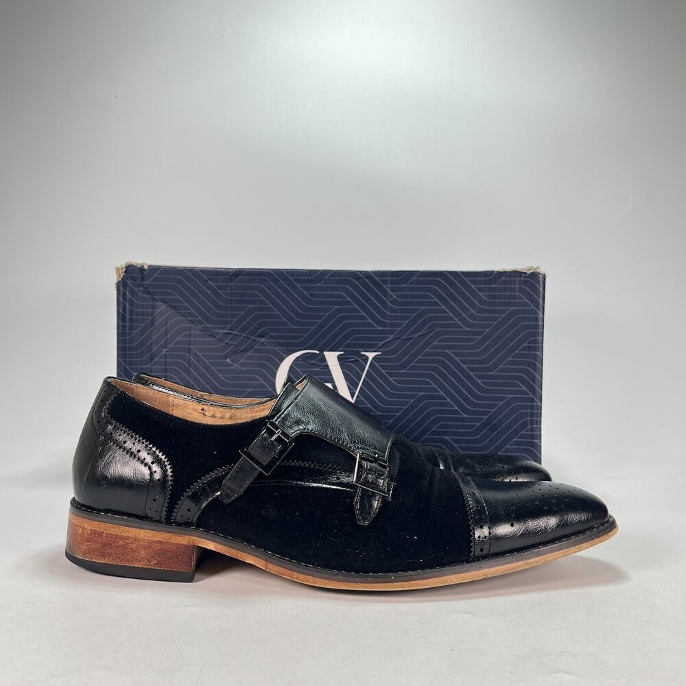 Gino Vitale Black Leather Double Monk Strap Brogue Dress Shoes GV927 Men's Sz 11
